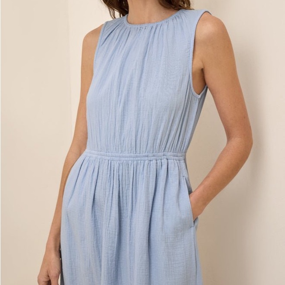 Nordstrom Modernaire 100% Organic Cotton Light Blue Midi Dress with Ruffle Hem - Picture 2 of 9